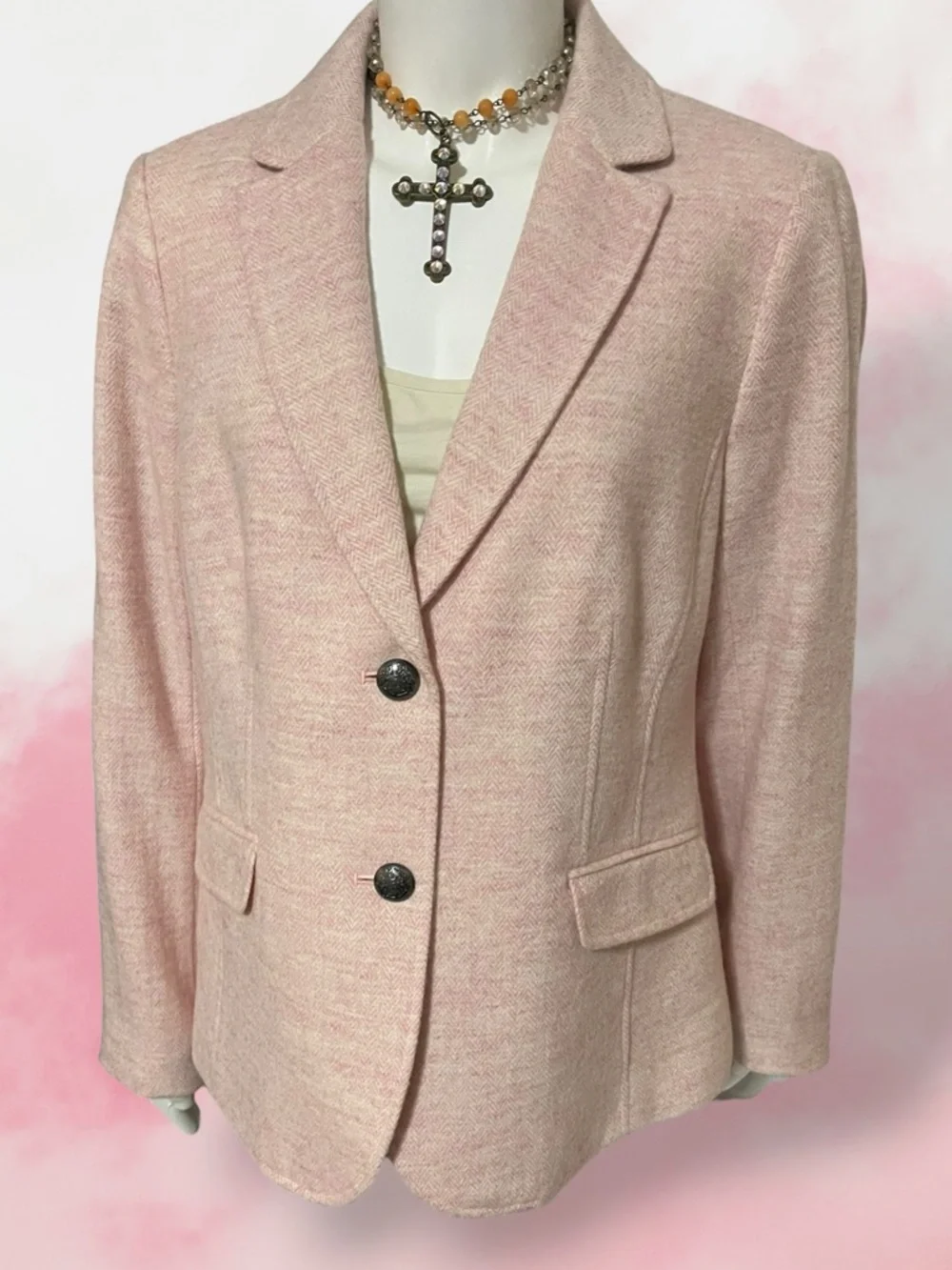 Talbots SHETLAND WOOL BLAZER - HEATHERED Houndstooth Size 12 Pink Lined